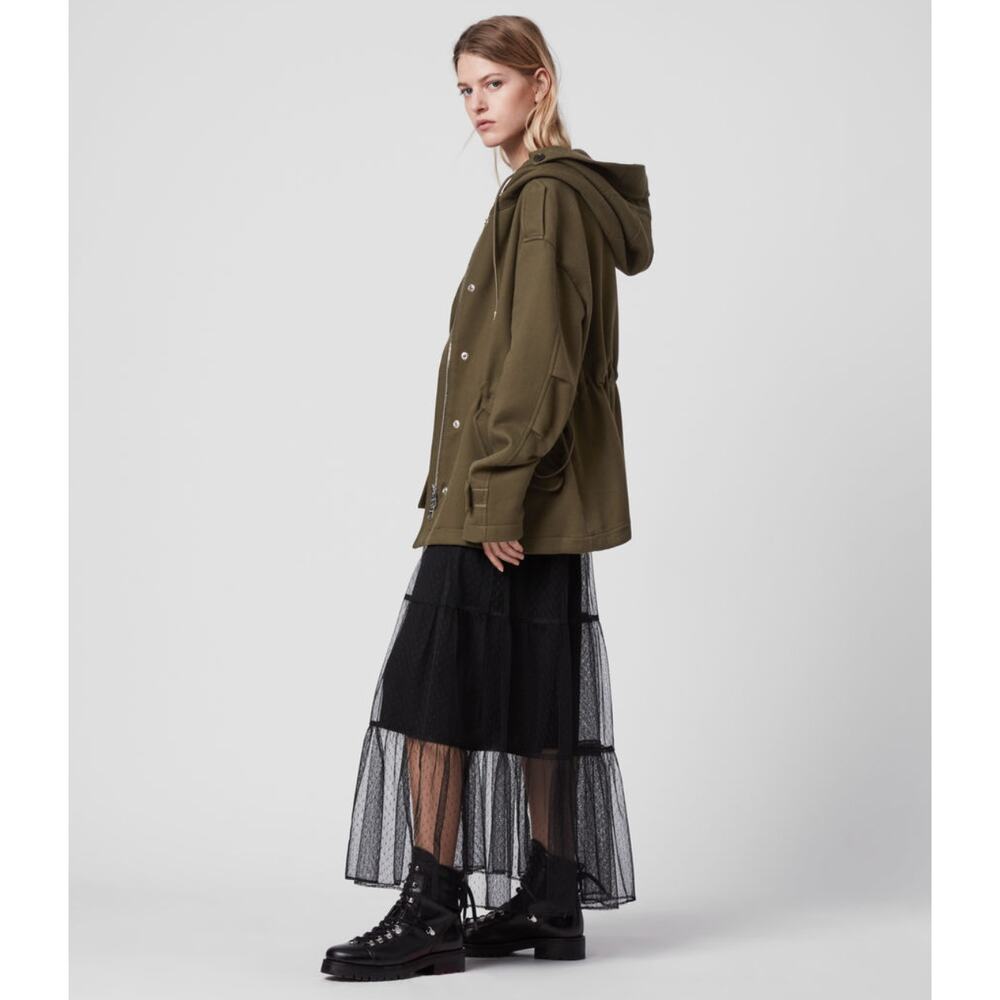 ALLSAINTS Kelsie Hooded Oversized Utility Jacket in Khaki Green Size Small